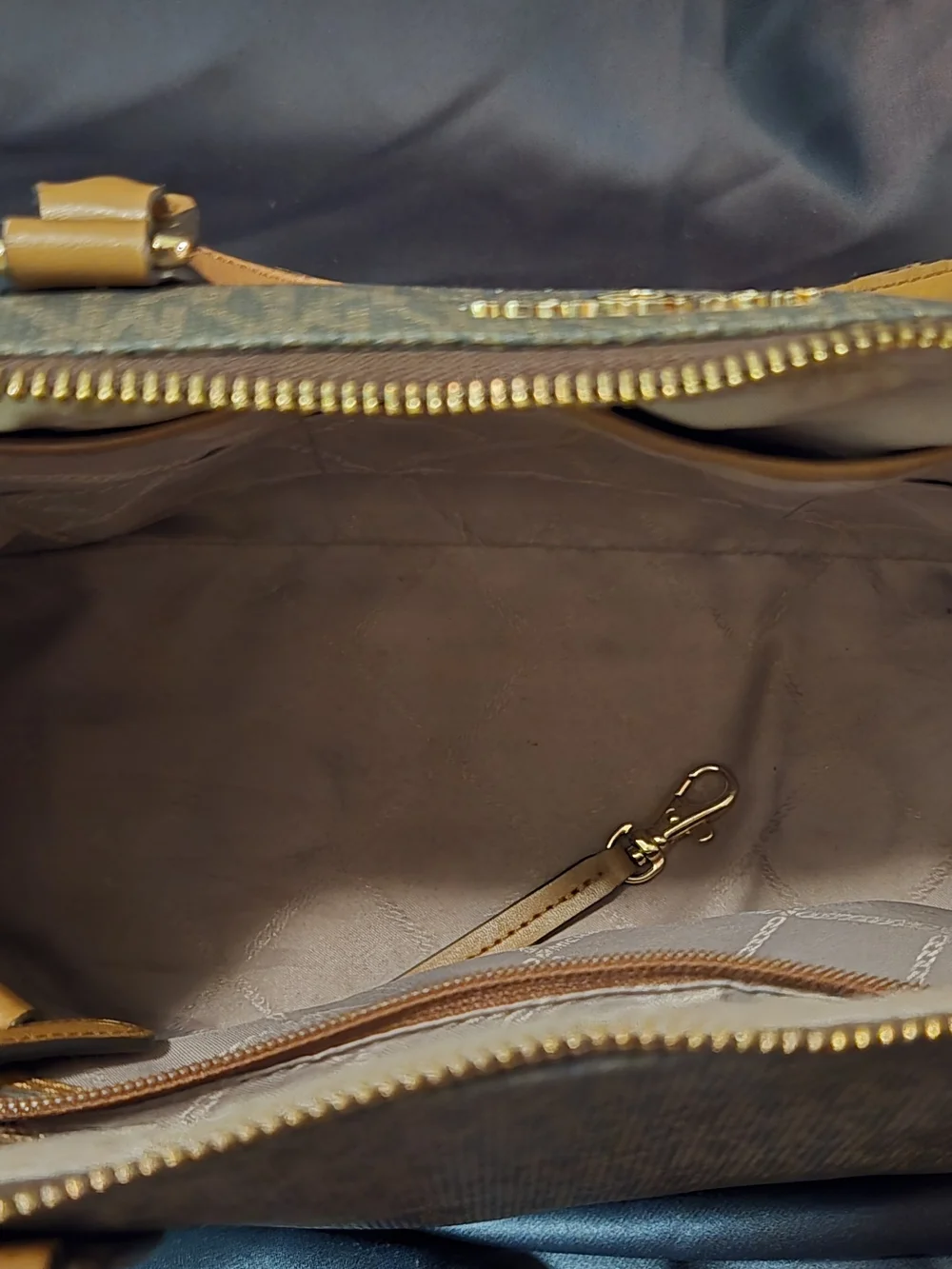 Michael Kors Tan and Black Signature Satchel with Gold Hardware